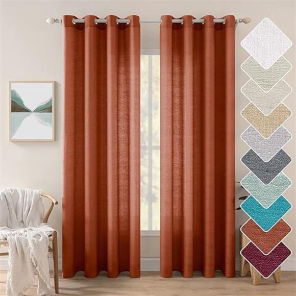Burnt Orange Linen Textured Semi Sheer Curtains 2 Panels for Living Room Bedroom - Picture 7 of 7